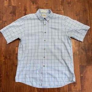 LL Bean Men's Blue Plaid Casual Short Sleeve Button Down Shirt Size: Large